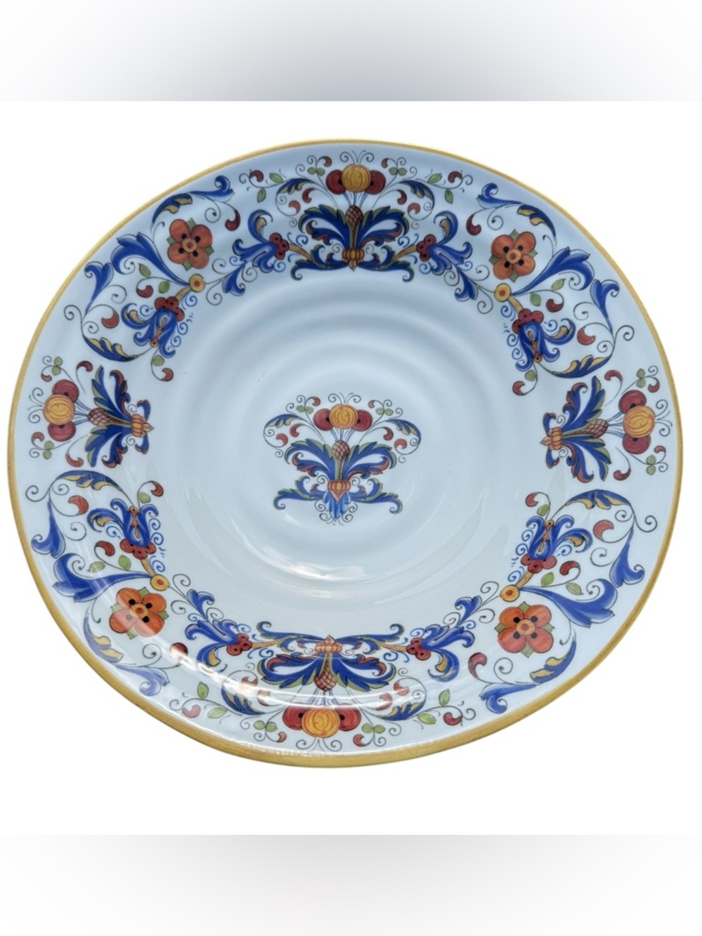 Large Italian Ceramic Decorative Bowl 14” Hand Painted Scrollwork Fruit Motif